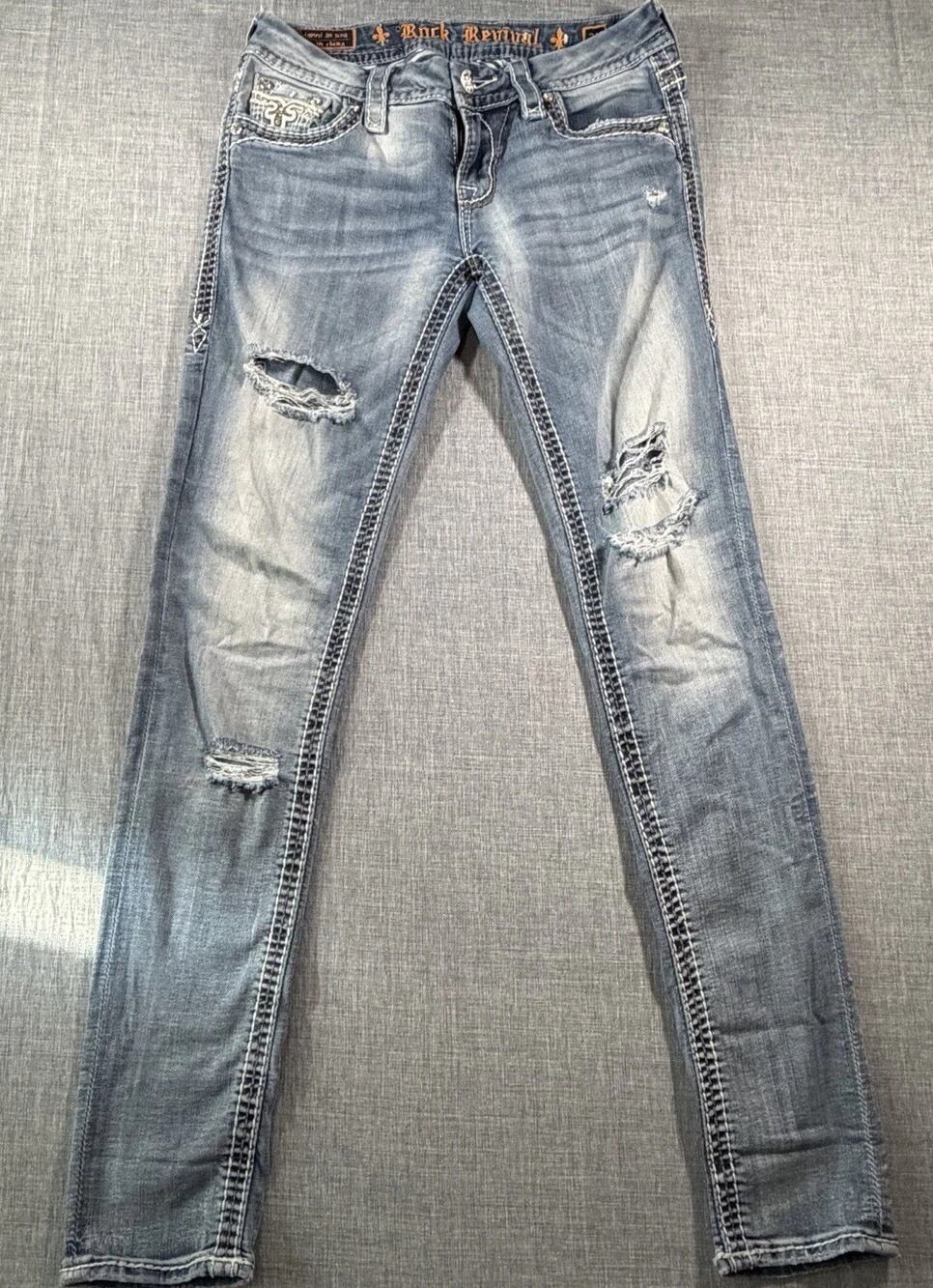 Rock Revival Blue Embellished Skinny Jeans Med Rise Ankle womens 27 Fits28 Doyle